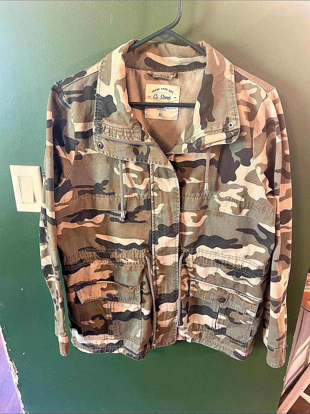 Ci Sono Women's Green Camouflage Utility Jacket XL Full Zip Pockets Drawstring